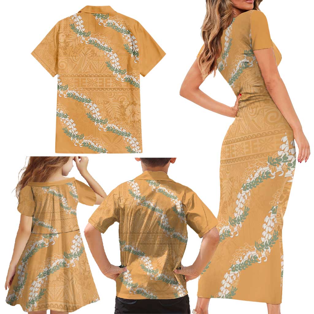 Aloha Pakalana and Puakenikeni Lei Family Matching Short Sleeve Bodycon Dress and Hawaiian Shirt Gold Hawaiian Pattern