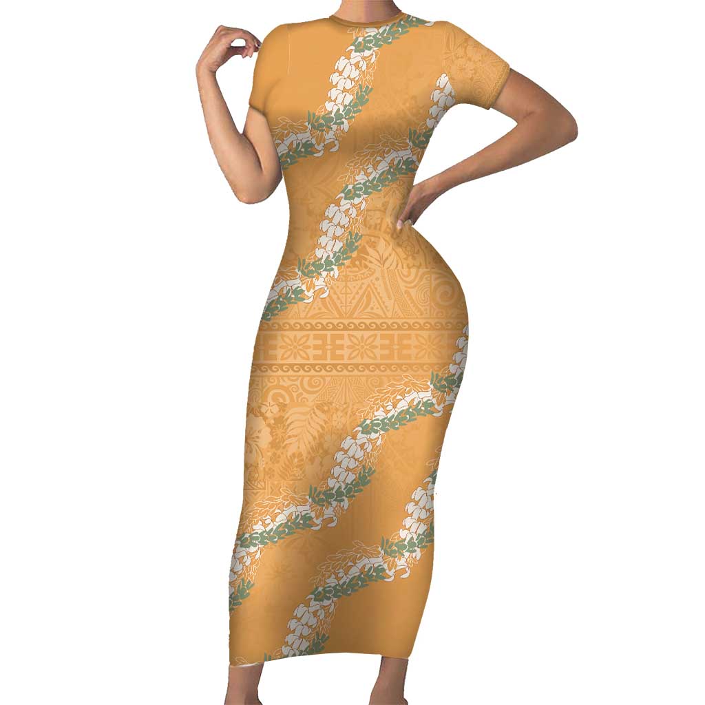 Aloha Pakalana and Puakenikeni Lei Family Matching Short Sleeve Bodycon Dress and Hawaiian Shirt Gold Hawaiian Pattern