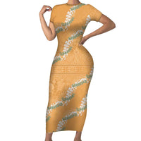 Aloha Pakalana and Puakenikeni Lei Family Matching Short Sleeve Bodycon Dress and Hawaiian Shirt Gold Hawaiian Pattern