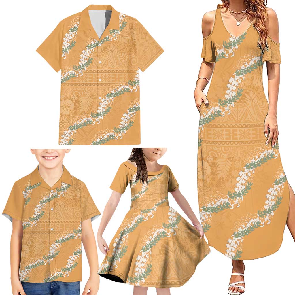 Aloha Pakalana and Puakenikeni Lei Family Matching Summer Maxi Dress and Hawaiian Shirt Gold Hawaiian Pattern