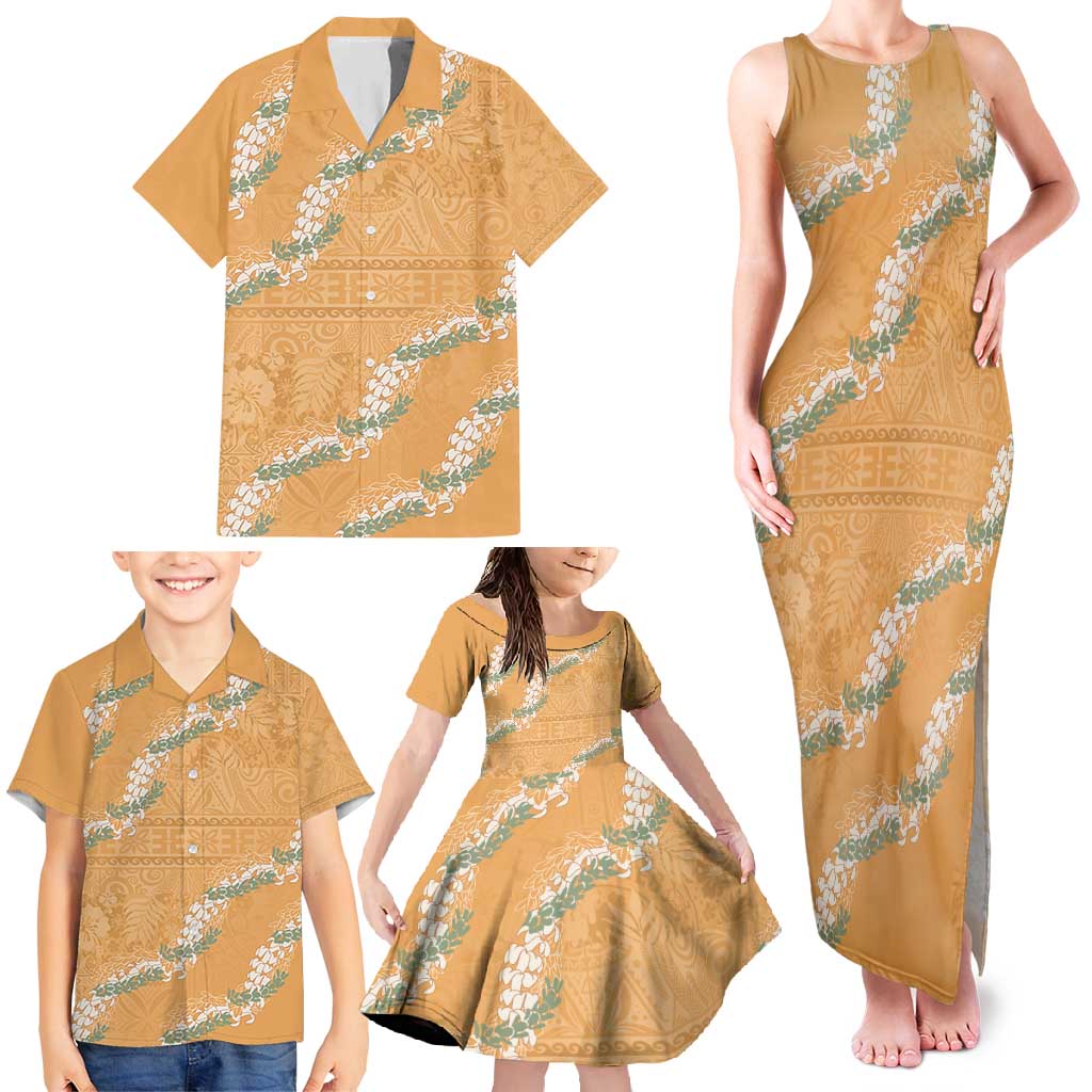 Aloha Pakalana and Puakenikeni Lei Family Matching Tank Maxi Dress and Hawaiian Shirt Gold Hawaiian Pattern