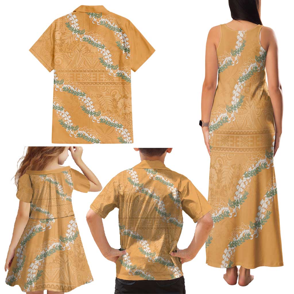 Aloha Pakalana and Puakenikeni Lei Family Matching Tank Maxi Dress and Hawaiian Shirt Gold Hawaiian Pattern