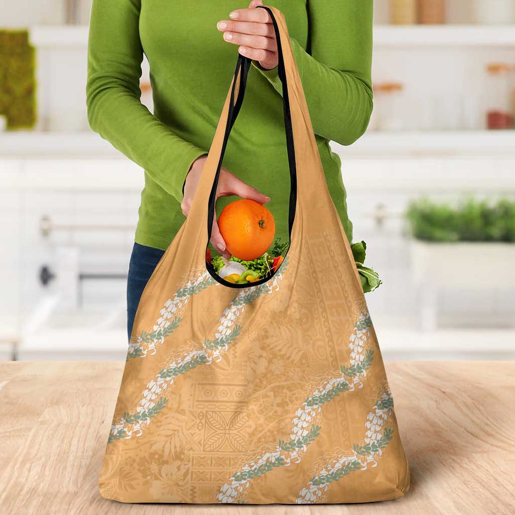 Aloha Pakalana and Puakenikeni Lei Grocery Bag Gold Hawaiian Pattern