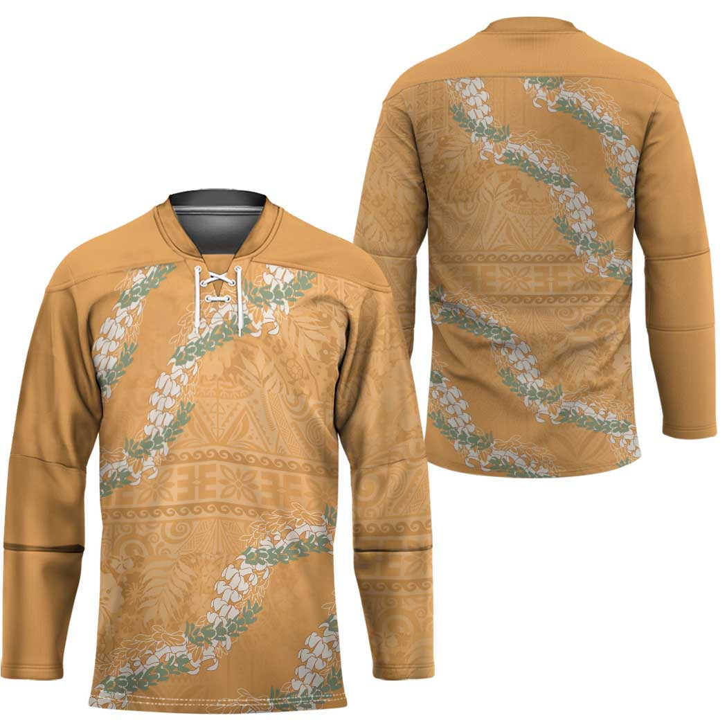 Aloha Pakalana and Puakenikeni Lei Hockey Jersey Gold Hawaiian Pattern - Polynesian Pride