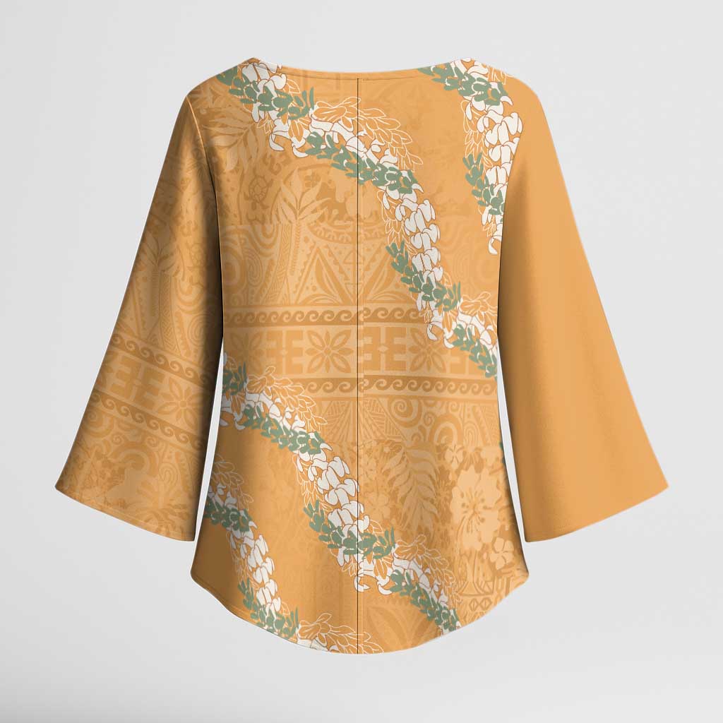 Aloha Pakalana and Puakenikeni Lei Kimono Sleeve Blouse Gold Hawaiian Pattern - Polynesian Pride