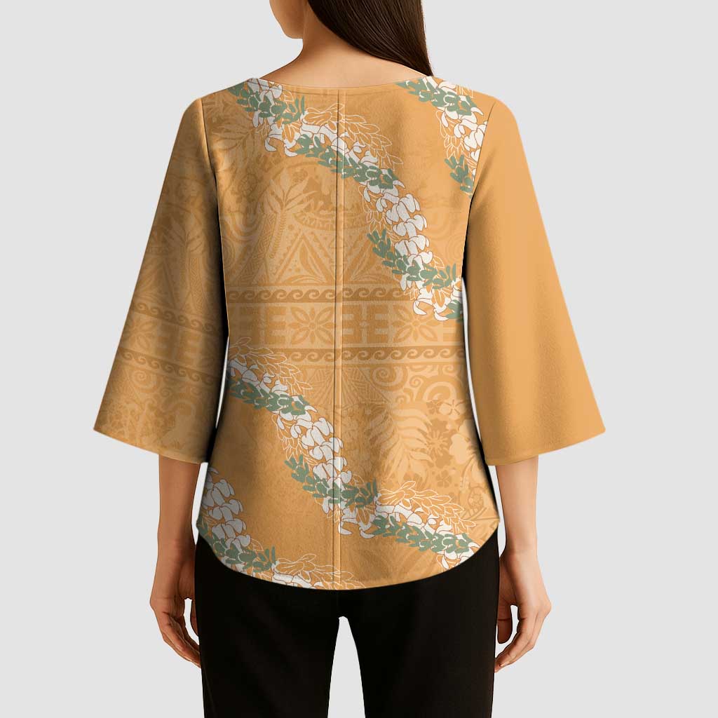 Aloha Pakalana and Puakenikeni Lei Kimono Sleeve Blouse Gold Hawaiian Pattern - Polynesian Pride