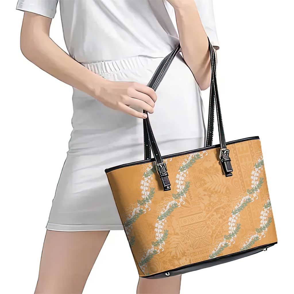 Aloha Pakalana and Puakenikeni Lei Leather Tote Bag Gold Hawaiian Pattern