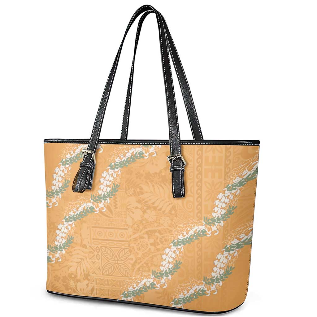 Aloha Pakalana and Puakenikeni Lei Leather Tote Bag Gold Hawaiian Pattern