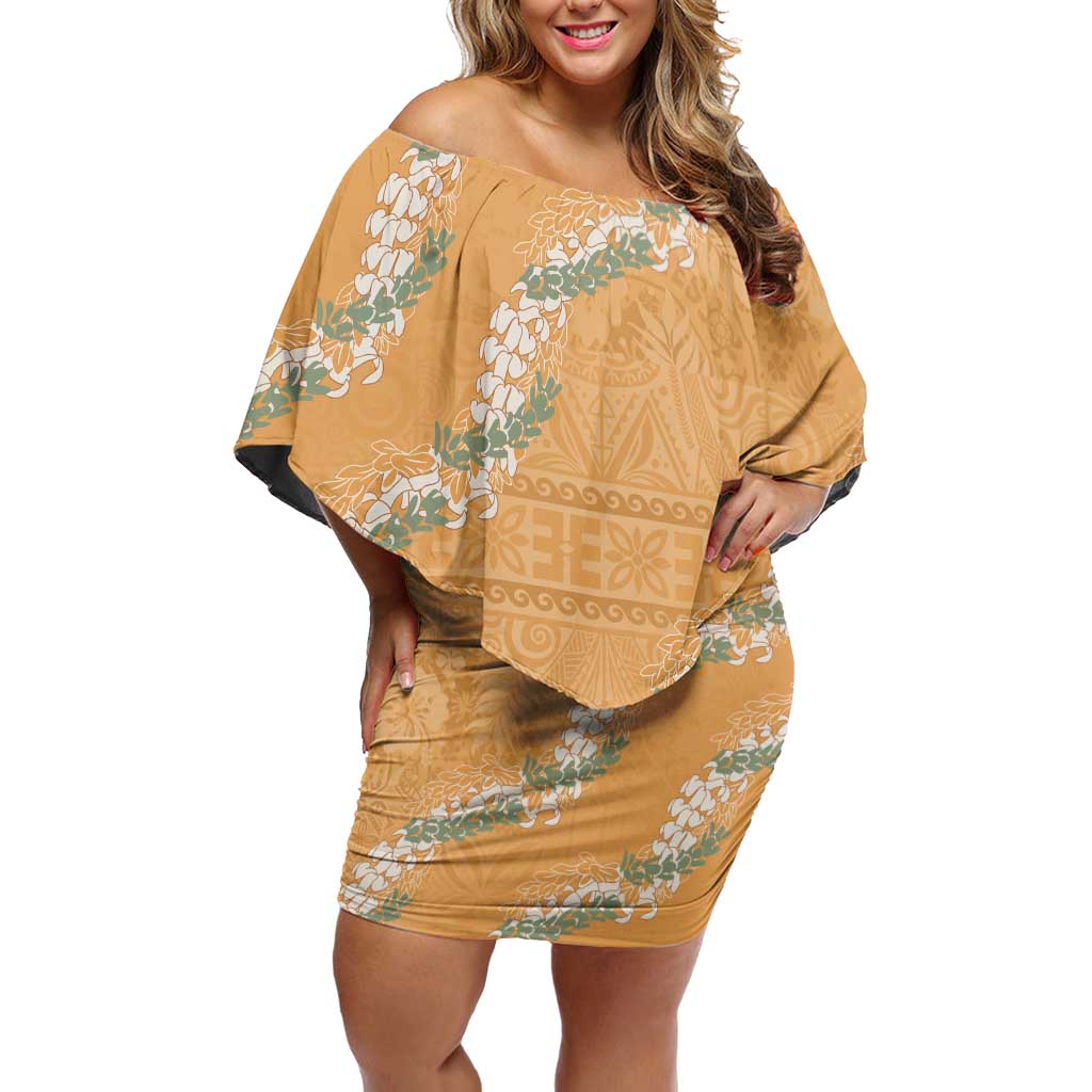 Aloha Pakalana and Puakenikeni Lei Off Shoulder Short Dress Gold Hawaiian Pattern
