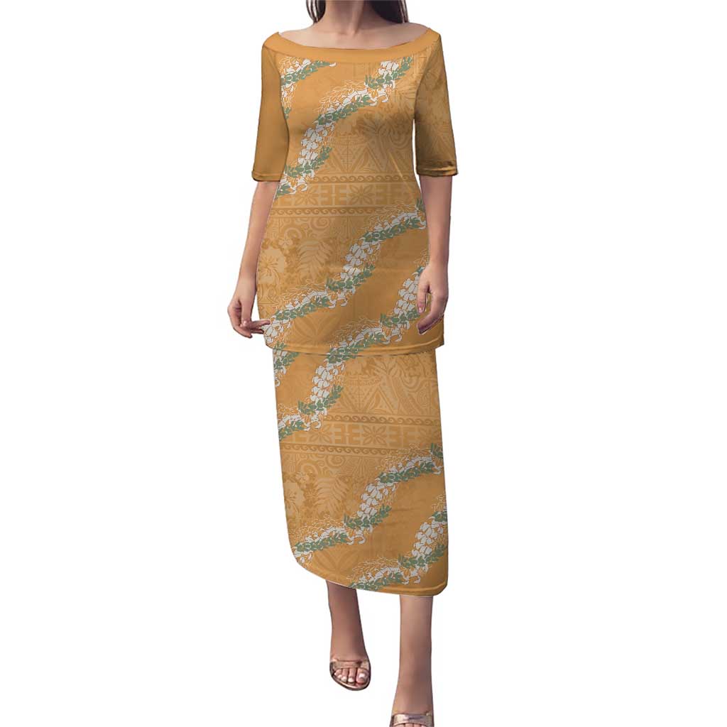 Aloha Pakalana and Puakenikeni Lei Puletasi Gold Hawaiian Pattern