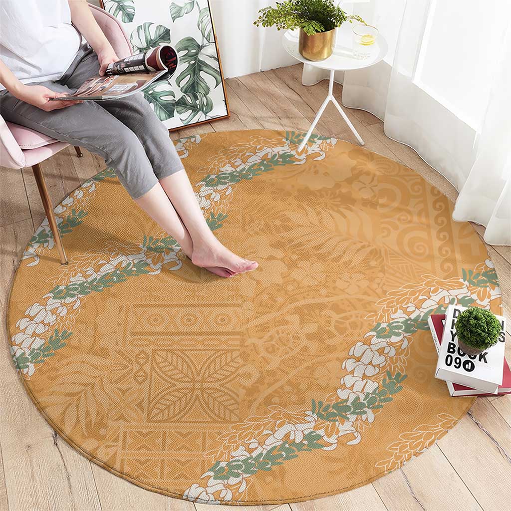 Aloha Pakalana and Puakenikeni Lei Round Carpet Gold Hawaiian Pattern