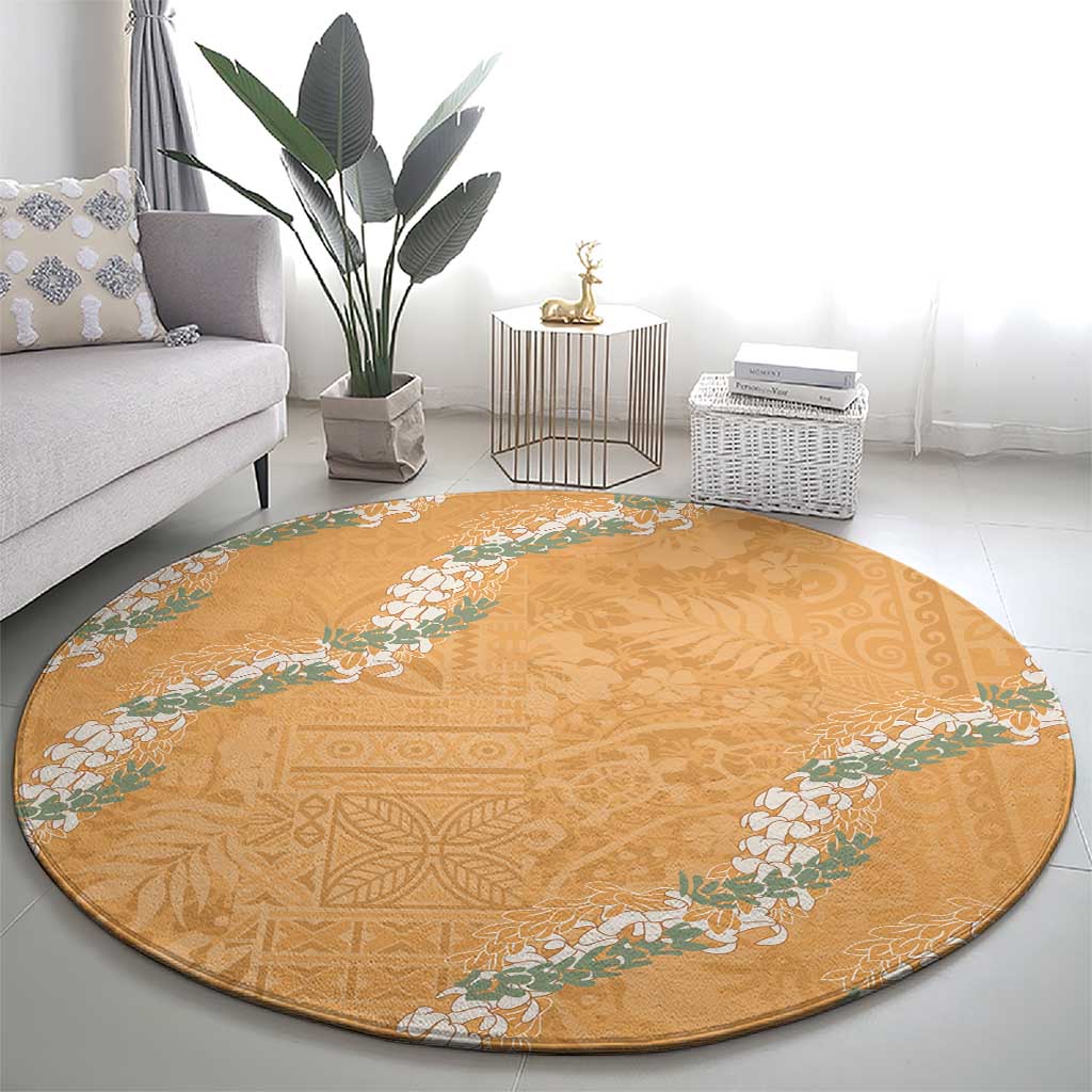 Aloha Pakalana and Puakenikeni Lei Round Carpet Gold Hawaiian Pattern