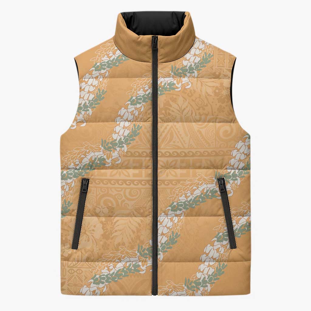 Aloha Pakalana and Puakenikeni Lei Sleeveless Puffer Jacket Gold Hawaiian Pattern - Polynesian Pride