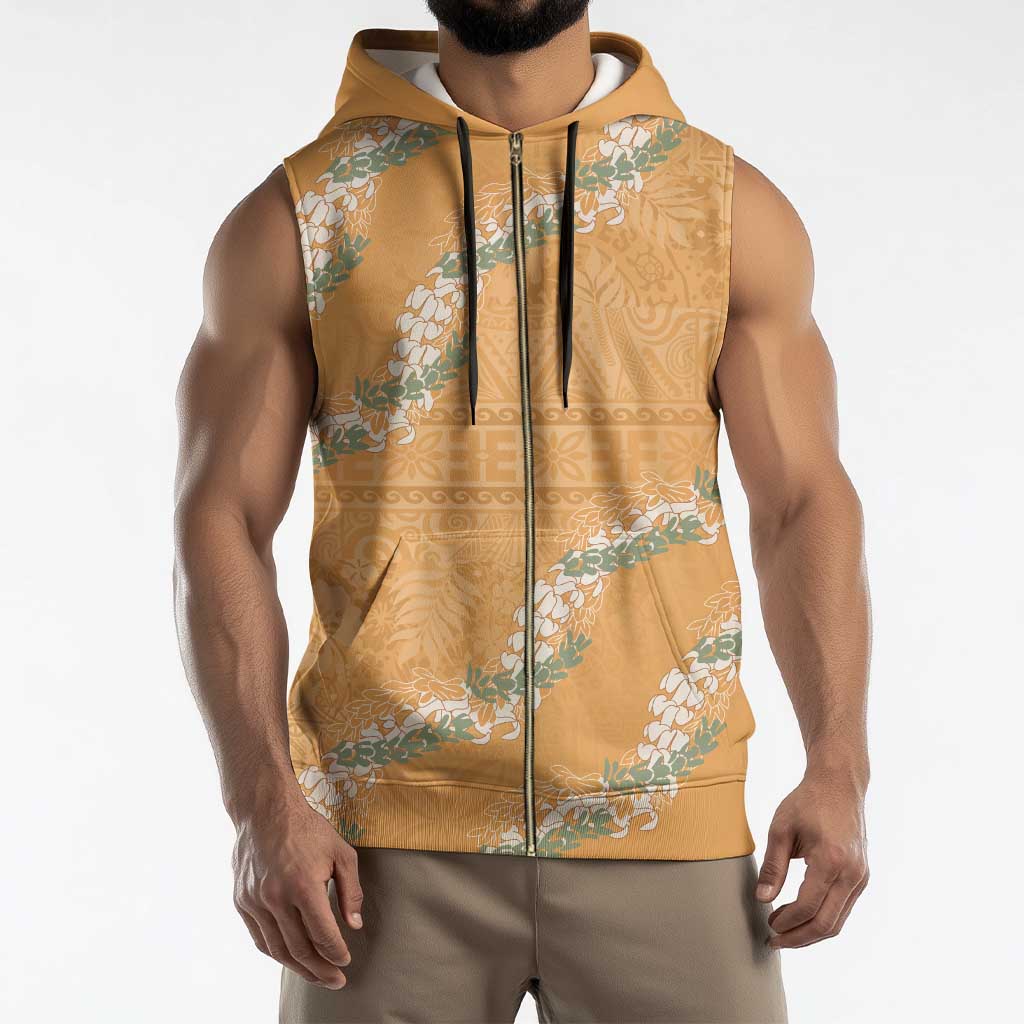 Aloha Pakalana and Puakenikeni Lei Sleeveless Zip Hoodie Gold Hawaiian Pattern - Polynesian Pride