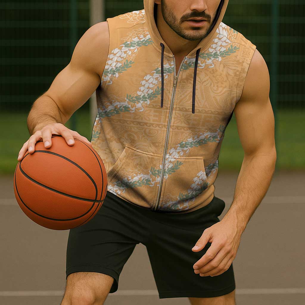 Aloha Pakalana and Puakenikeni Lei Sleeveless Zip Hoodie Gold Hawaiian Pattern - Polynesian Pride