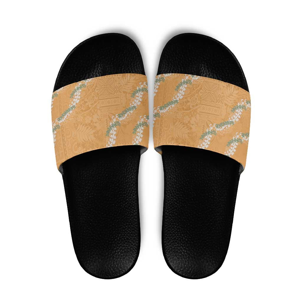 Aloha Pakalana and Puakenikeni Lei Slide Sandals Gold Hawaiian Pattern - Polynesian Pride