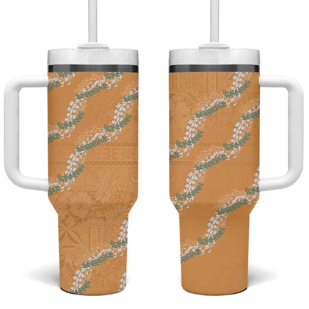Aloha Pakalana and Puakenikeni Lei Tumbler With Handle Gold Hawaiian Pattern