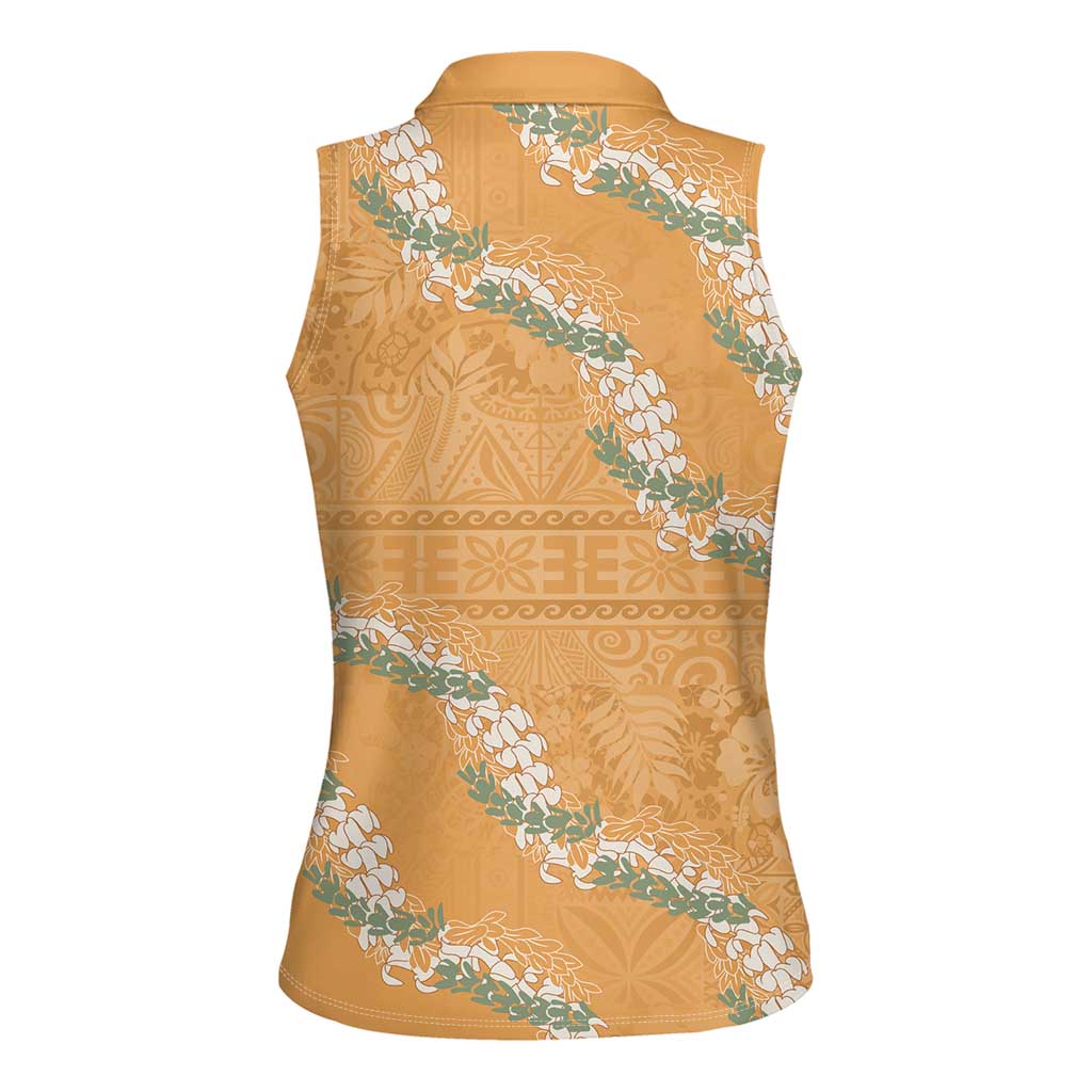 Aloha Pakalana and Puakenikeni Lei Women Sleeveless Polo Shirt Gold Hawaiian Pattern