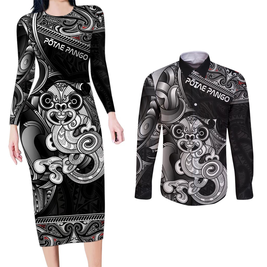Personalised New Zealand Potae Pango Cricket Couples Matching Long Sleeve Bodycon Dress and Long Sleeve Button Shirt Special Maori Hei Tiki Tribal Tattoo