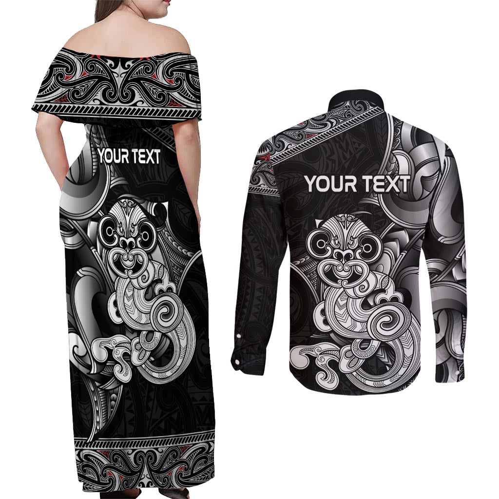 Personalised New Zealand Potae Pango Cricket Couples Matching Off Shoulder Maxi Dress and Long Sleeve Button Shirt Special Maori Hei Tiki Tribal Tattoo