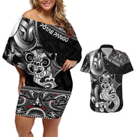 Personalised New Zealand Potae Pango Cricket Couples Matching Off Shoulder Short Dress and Hawaiian Shirt Special Maori Hei Tiki Tribal Tattoo