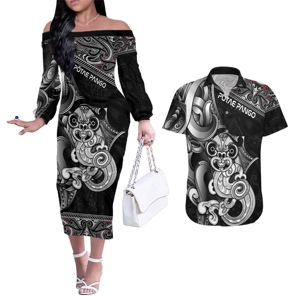 Personalised New Zealand Potae Pango Cricket Couples Matching Off The Shoulder Long Sleeve Dress and Hawaiian Shirt Special Maori Hei Tiki Tribal Tattoo