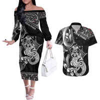 Personalised New Zealand Potae Pango Cricket Couples Matching Off The Shoulder Long Sleeve Dress and Hawaiian Shirt Special Maori Hei Tiki Tribal Tattoo