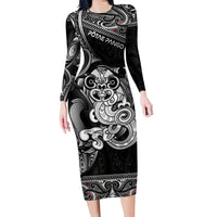Personalised New Zealand Potae Pango Cricket Long Sleeve Bodycon Dress Special Maori Hei Tiki Tribal Tattoo