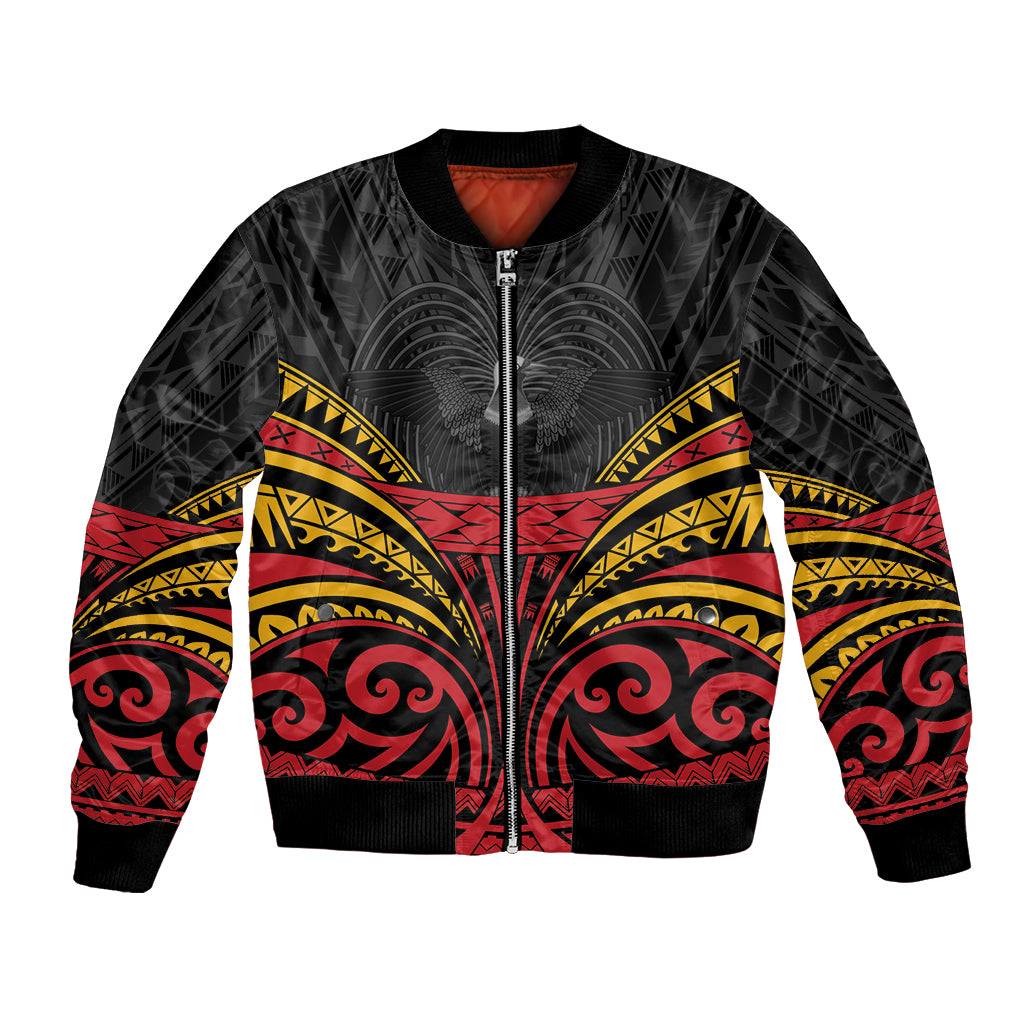 Custom Papua New Guinea Cricket Bomber Jacket PNG Emblem Mix Polyneisan Pattern