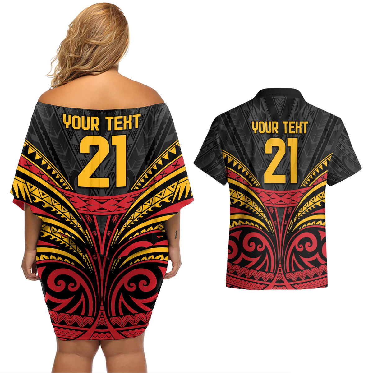 Custom Papua New Guinea Cricket Couples Matching Off Shoulder Short Dress and Hawaiian Shirt PNG Emblem Mix Polyneisan Pattern