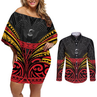 Custom Papua New Guinea Cricket Couples Matching Off Shoulder Short Dress and Long Sleeve Button Shirt PNG Emblem Mix Polyneisan Pattern
