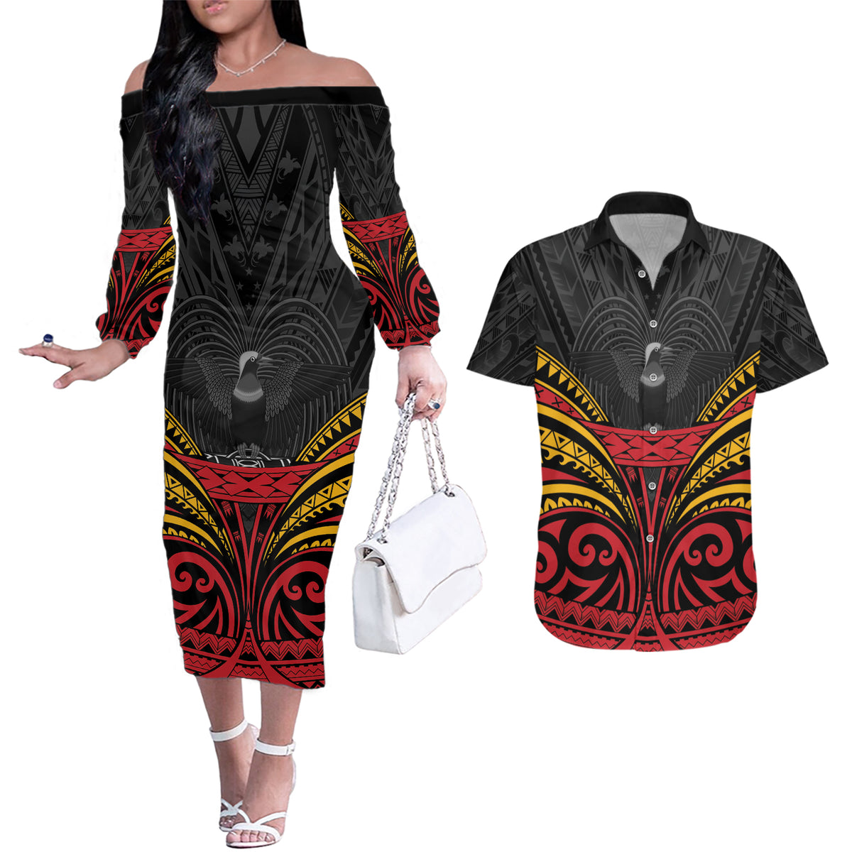 Custom Papua New Guinea Cricket Couples Matching Off The Shoulder Long Sleeve Dress and Hawaiian Shirt PNG Emblem Mix Polyneisan Pattern