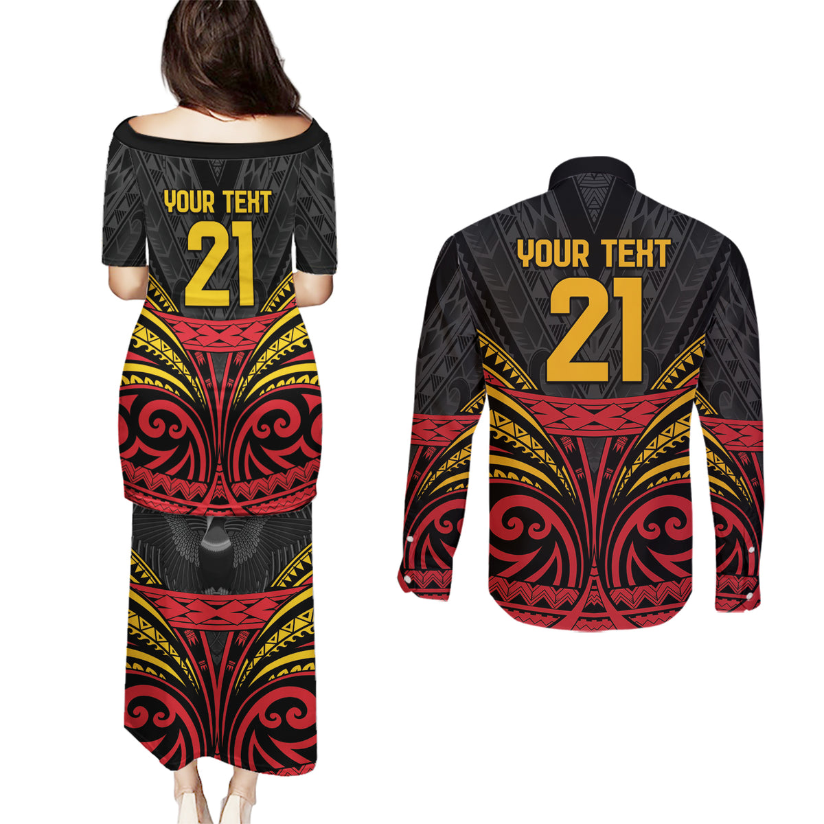 Custom Papua New Guinea Cricket Couples Matching Puletasi and Long Sleeve Button Shirt PNG Emblem Mix Polyneisan Pattern