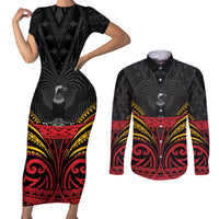 Custom Papua New Guinea Cricket Couples Matching Short Sleeve Bodycon Dress and Long Sleeve Button Shirt PNG Emblem Mix Polyneisan Pattern