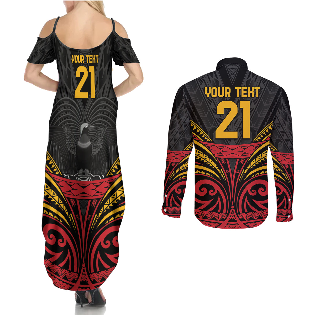 Custom Papua New Guinea Cricket Couples Matching Summer Maxi Dress and Long Sleeve Button Shirt PNG Emblem Mix Polyneisan Pattern