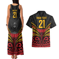 Custom Papua New Guinea Cricket Couples Matching Tank Maxi Dress and Hawaiian Shirt PNG Emblem Mix Polyneisan Pattern