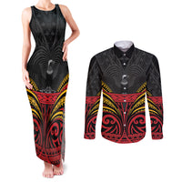 Custom Papua New Guinea Cricket Couples Matching Tank Maxi Dress and Long Sleeve Button Shirt PNG Emblem Mix Polyneisan Pattern