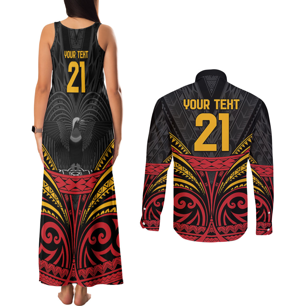Custom Papua New Guinea Cricket Couples Matching Tank Maxi Dress and Long Sleeve Button Shirt PNG Emblem Mix Polyneisan Pattern