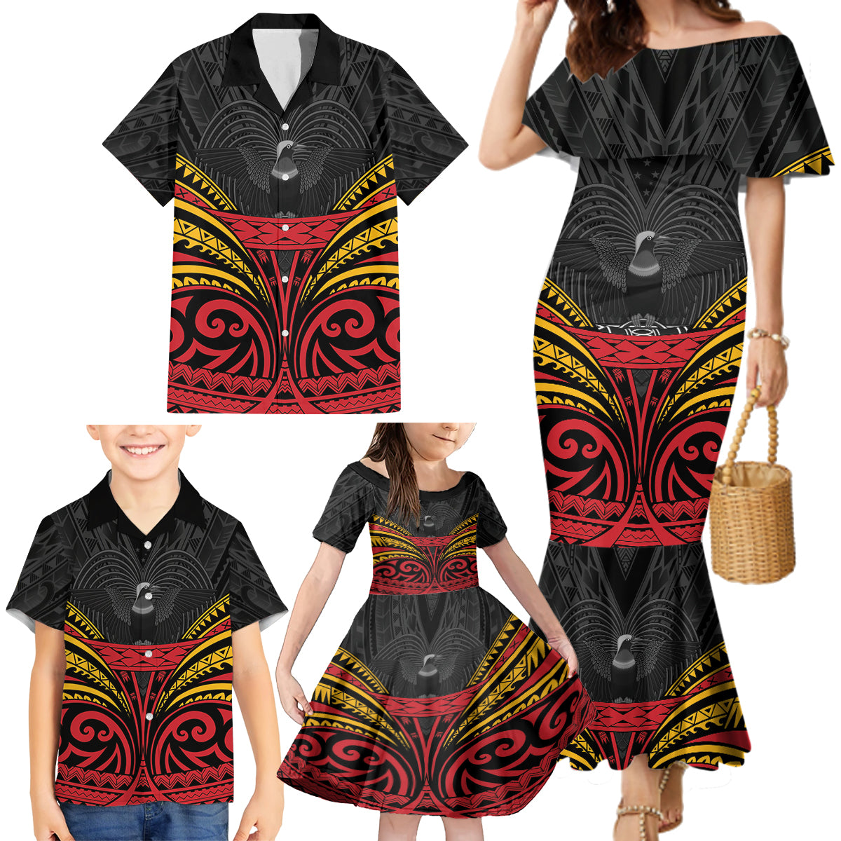 Custom Papua New Guinea Cricket Family Matching Mermaid Dress and Hawaiian Shirt PNG Emblem Mix Polyneisan Pattern