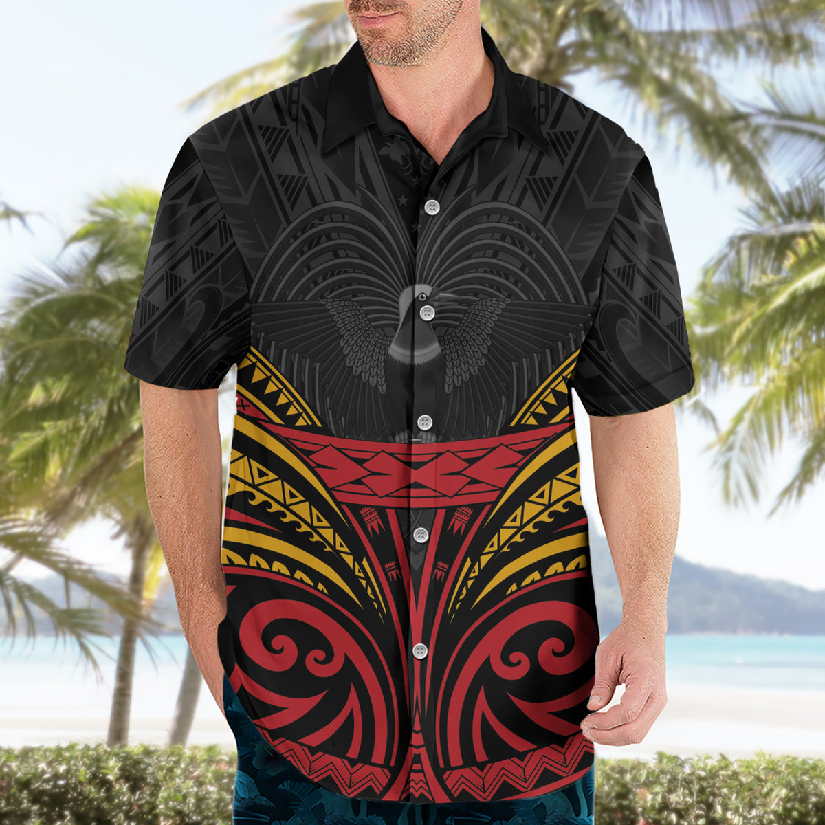 Custom Papua New Guinea Cricket Hawaiian Shirt PNG Emblem Mix Polyneisan Pattern