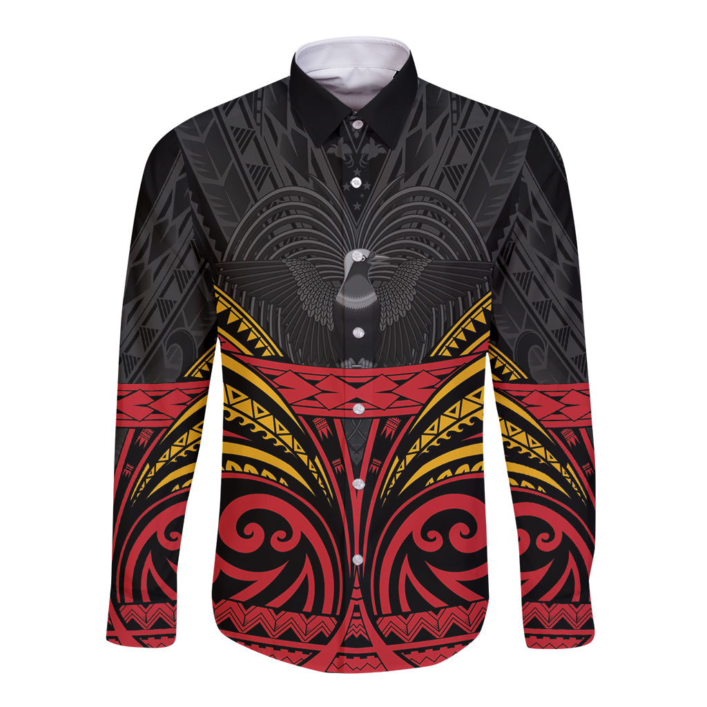 Custom Papua New Guinea Cricket Long Sleeve Button Shirt PNG Emblem Mix Polyneisan Pattern