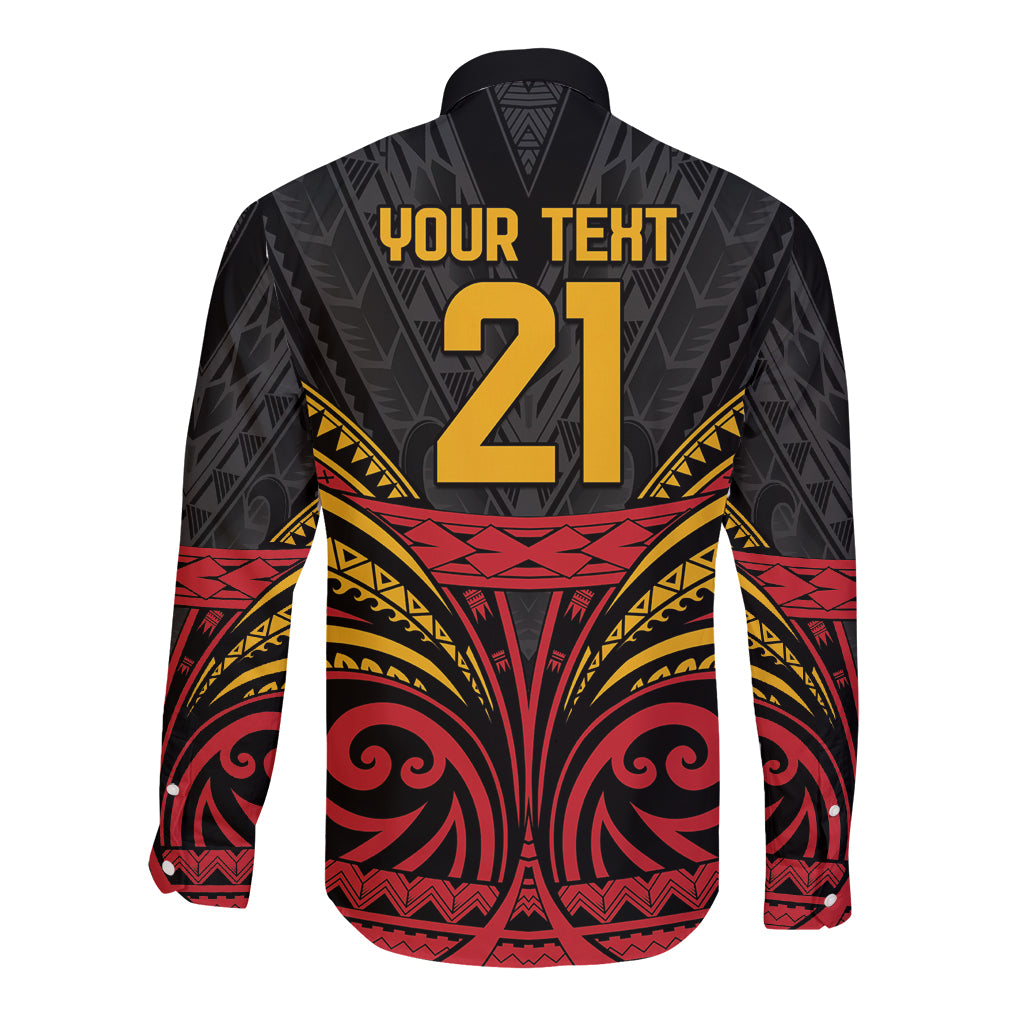 Custom Papua New Guinea Cricket Long Sleeve Button Shirt PNG Emblem Mix Polyneisan Pattern