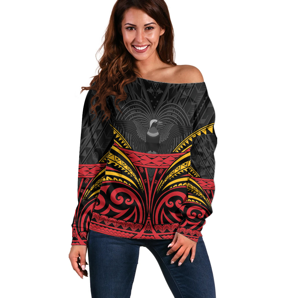 Custom Papua New Guinea Cricket Off Shoulder Sweater PNG Emblem Mix Polyneisan Pattern LT9 Women Black - Polynesian Pride