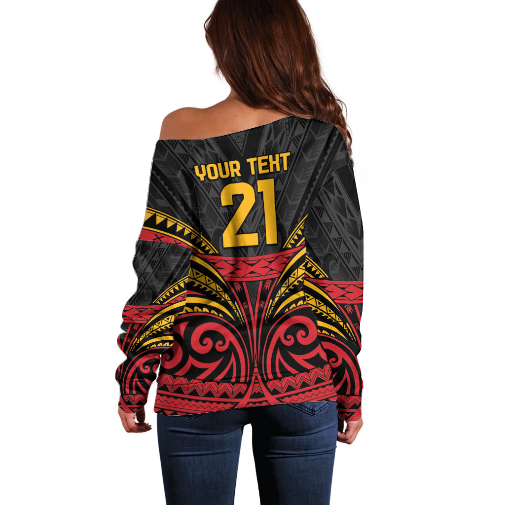 Custom Papua New Guinea Cricket Off Shoulder Sweater PNG Emblem Mix Polyneisan Pattern LT9 - Polynesian Pride