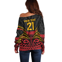 Custom Papua New Guinea Cricket Off Shoulder Sweater PNG Emblem Mix Polyneisan Pattern LT9 - Polynesian Pride