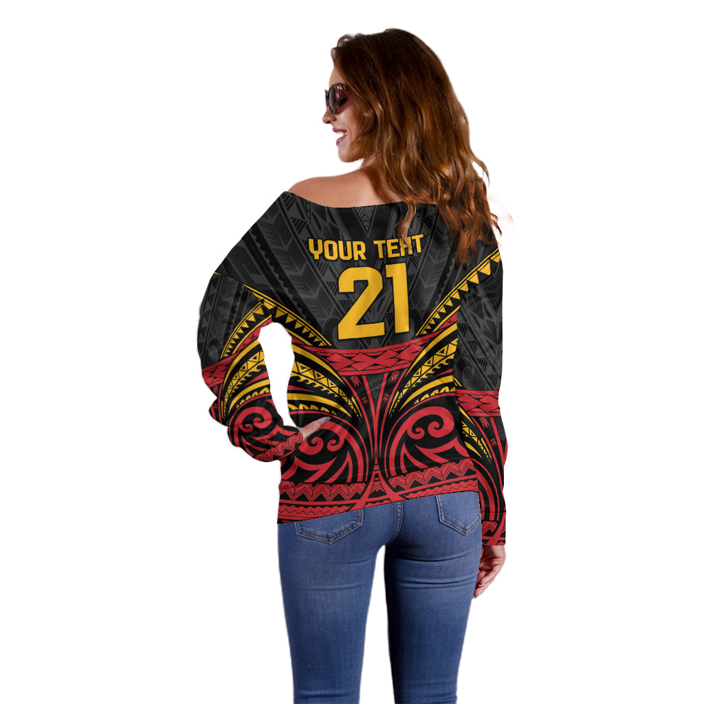 Custom Papua New Guinea Cricket Off Shoulder Sweater PNG Emblem Mix Polyneisan Pattern LT9 - Polynesian Pride