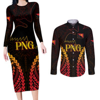 Custom Papua New Guinea Cricket Couples Matching Long Sleeve Bodycon Dress and Long Sleeve Button Shirt Go Barramundis