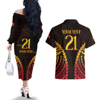 Custom Papua New Guinea Cricket Couples Matching Off The Shoulder Long Sleeve Dress and Hawaiian Shirt Go Barramundis