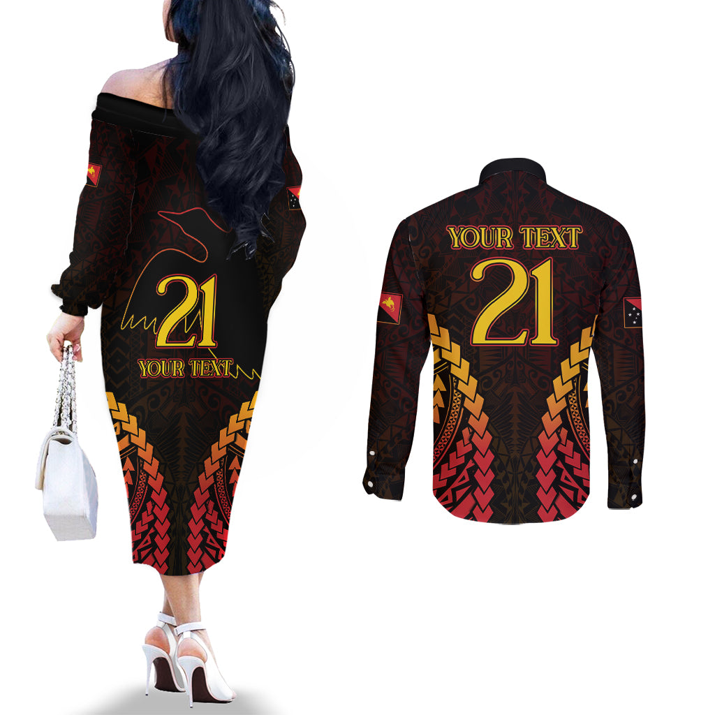 Custom Papua New Guinea Cricket Couples Matching Off The Shoulder Long Sleeve Dress and Long Sleeve Button Shirt Go Barramundis