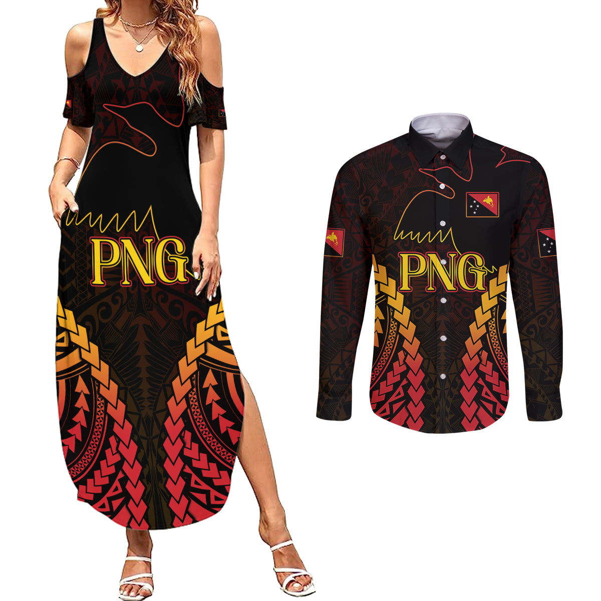 Custom Papua New Guinea Cricket Couples Matching Summer Maxi Dress and Long Sleeve Button Shirt Go Barramundis